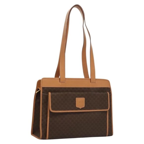 CELINE Macadam Canvas Shoulder Bag PVC Leather Brown Gold - Picture 1 of 14